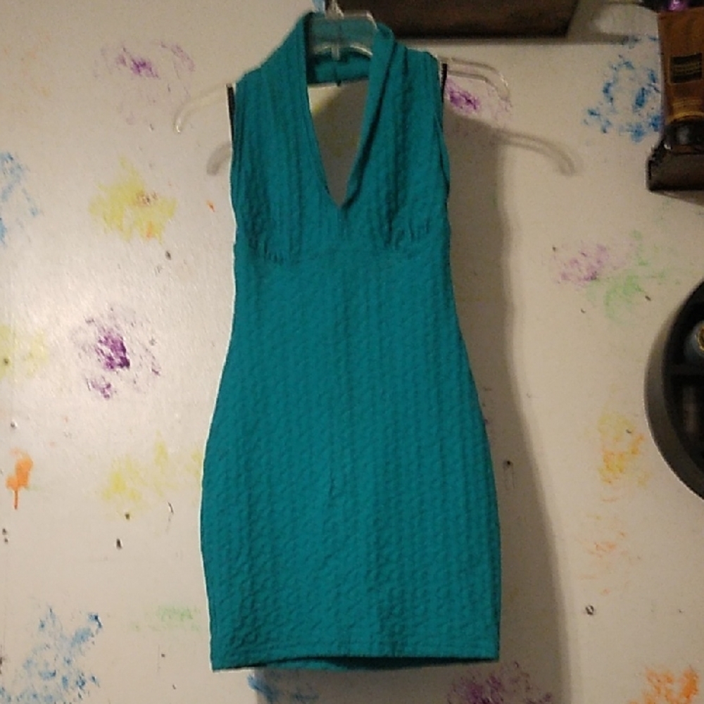 Blue Ribbed Halter Bodycon Dress